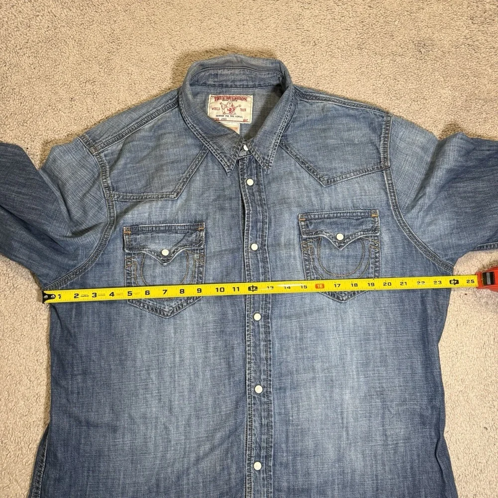 True Religion Jake Denim‎ Western Shirt Mens Blue Pearl Snap LS 3XL (Fits XL)